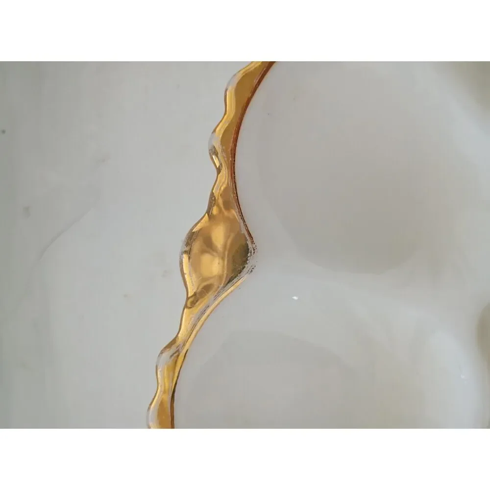 Vintage Anchor Hocking Milk Glass Egg Plate Gold Trim